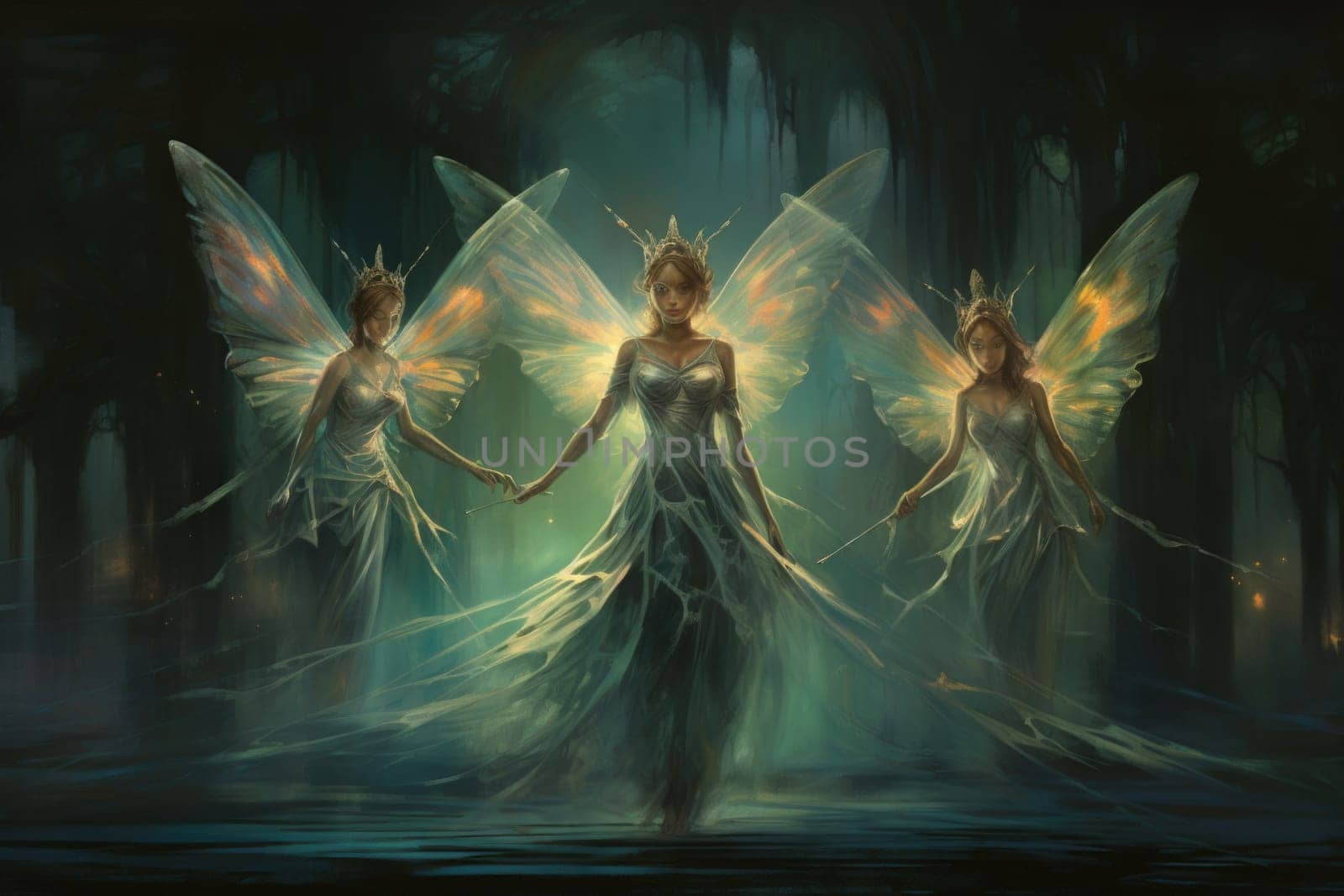 In a mystical realm filled with enchantment and wonder, luminescent fairies gracefully dance through the air, their iridescent wings shimmering with a kaleidoscope of colors.