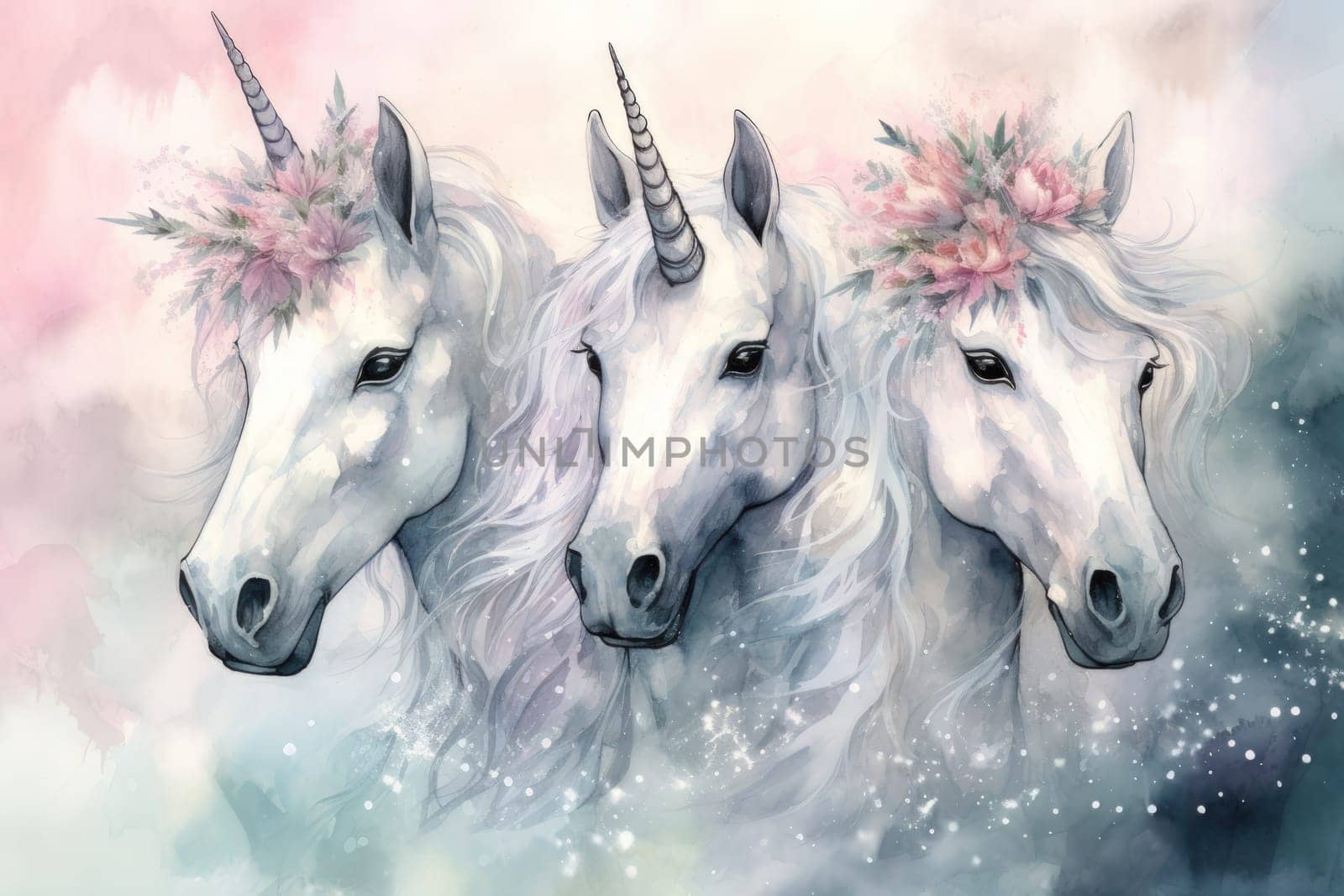 Majestic unicorns with shimmering silver horns - Generative AI by Sidewaypics