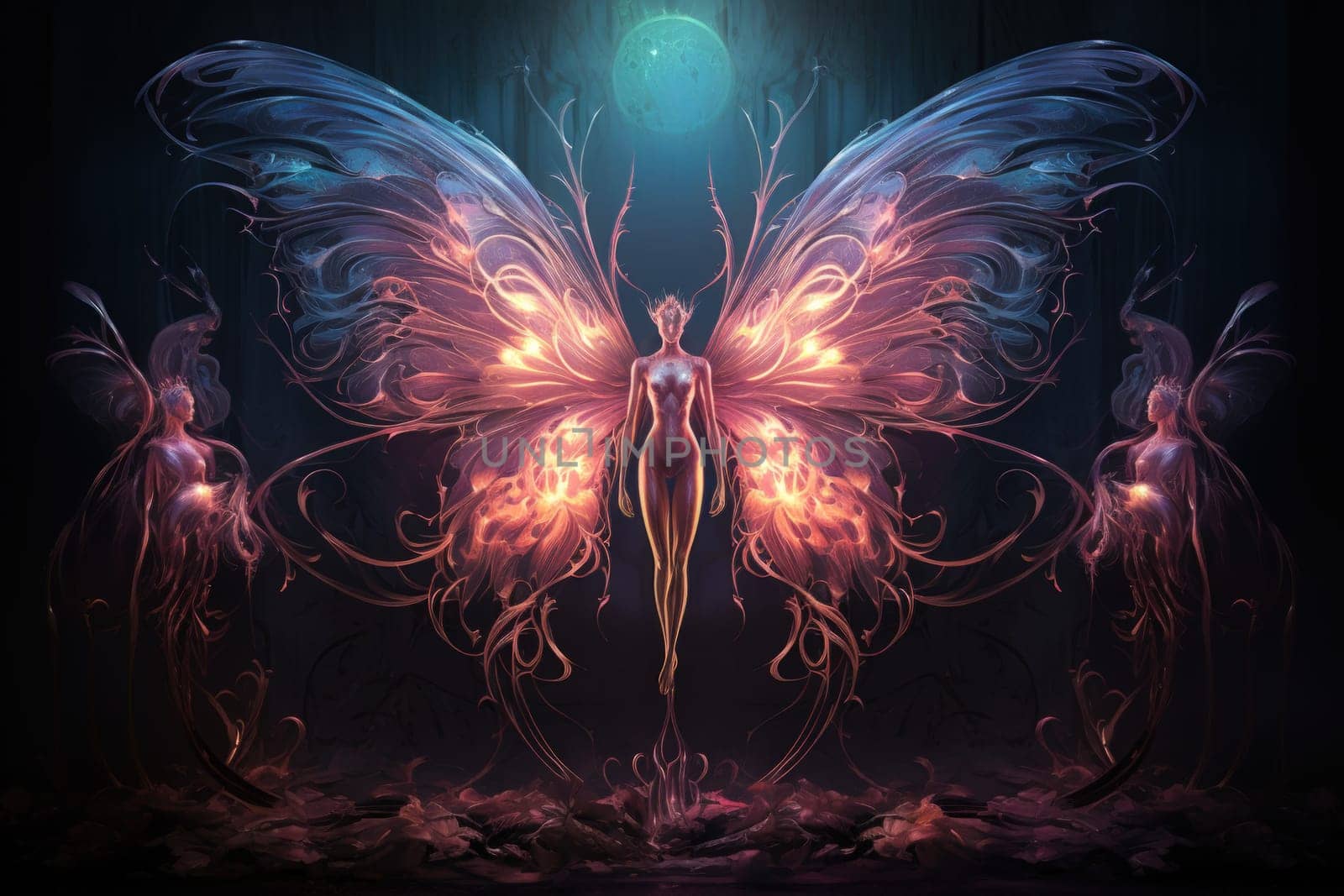 In a mystical realm filled with enchantment and wonder, luminescent fairies gracefully dance through the air, their iridescent wings shimmering with a kaleidoscope of colors.