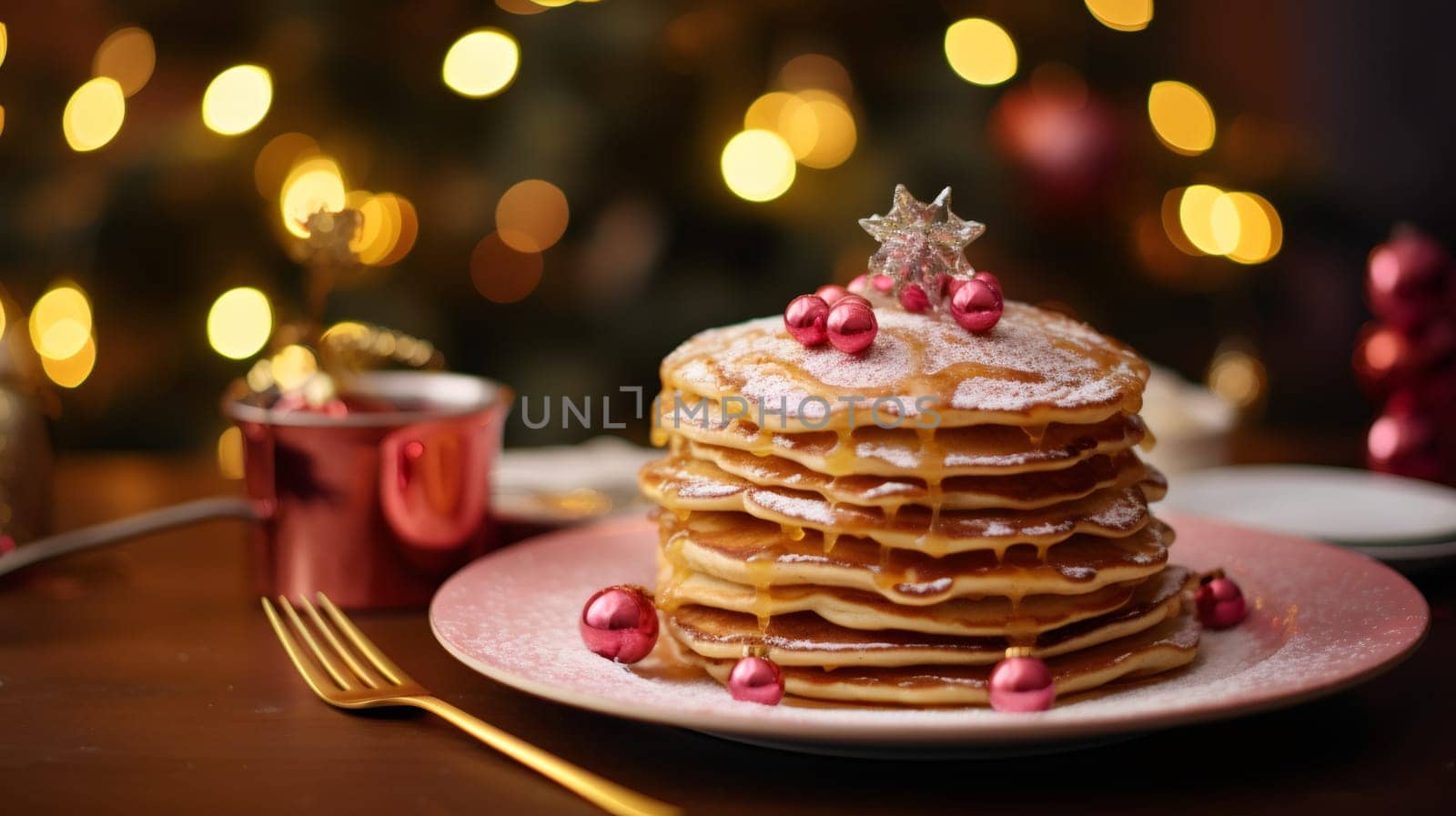 Fresh pancakes with caramel sauce and Christmas decorations on the table. by Nataliya