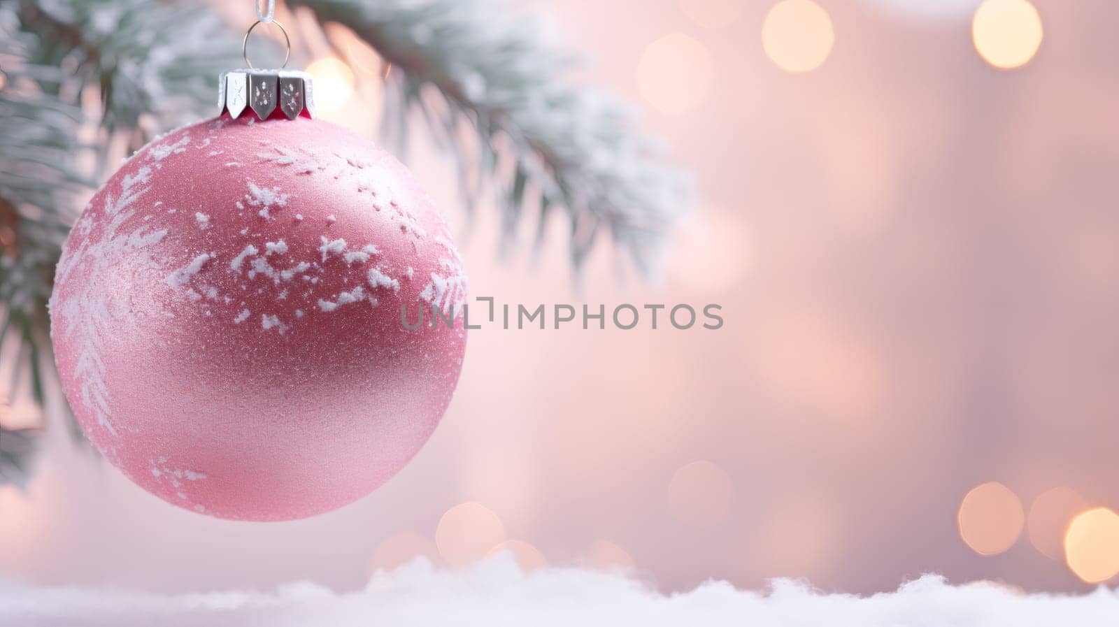 Pink Christmas ball on a spruce branch. by Nataliya
