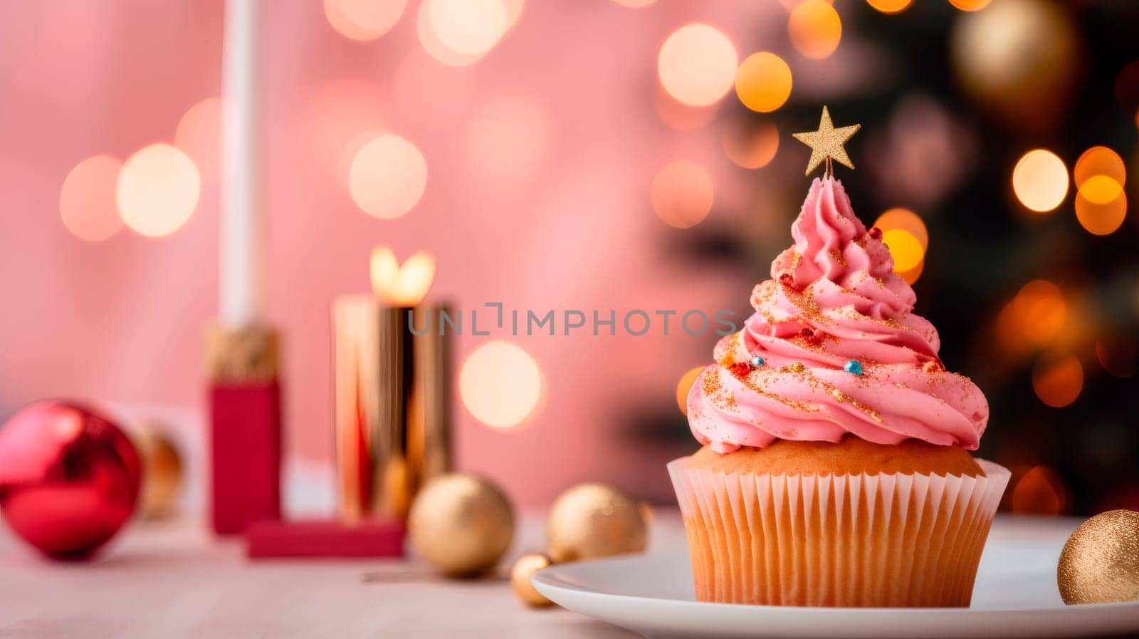 One delicious cupcake with pink cream, candy sprinkles, a candle and Christmas tree decorations stands on the table against a background of blurry bokeh lights, close-up side view.