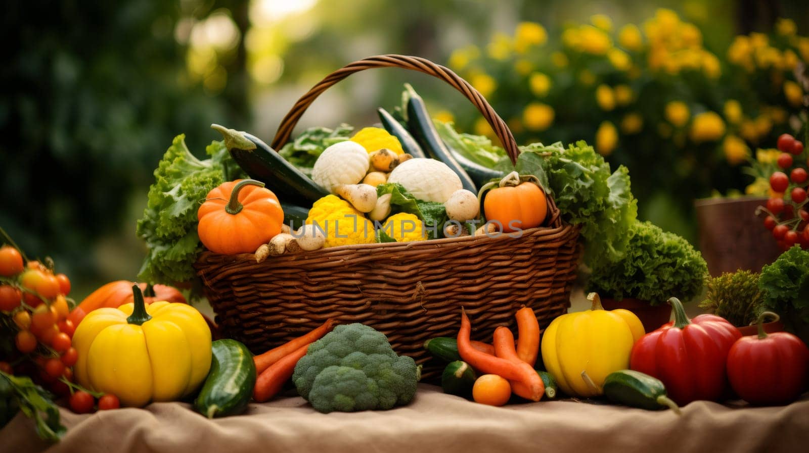 A basket with a variety of autumn seasonal vegetables stands on a wooden table, side view close-up.