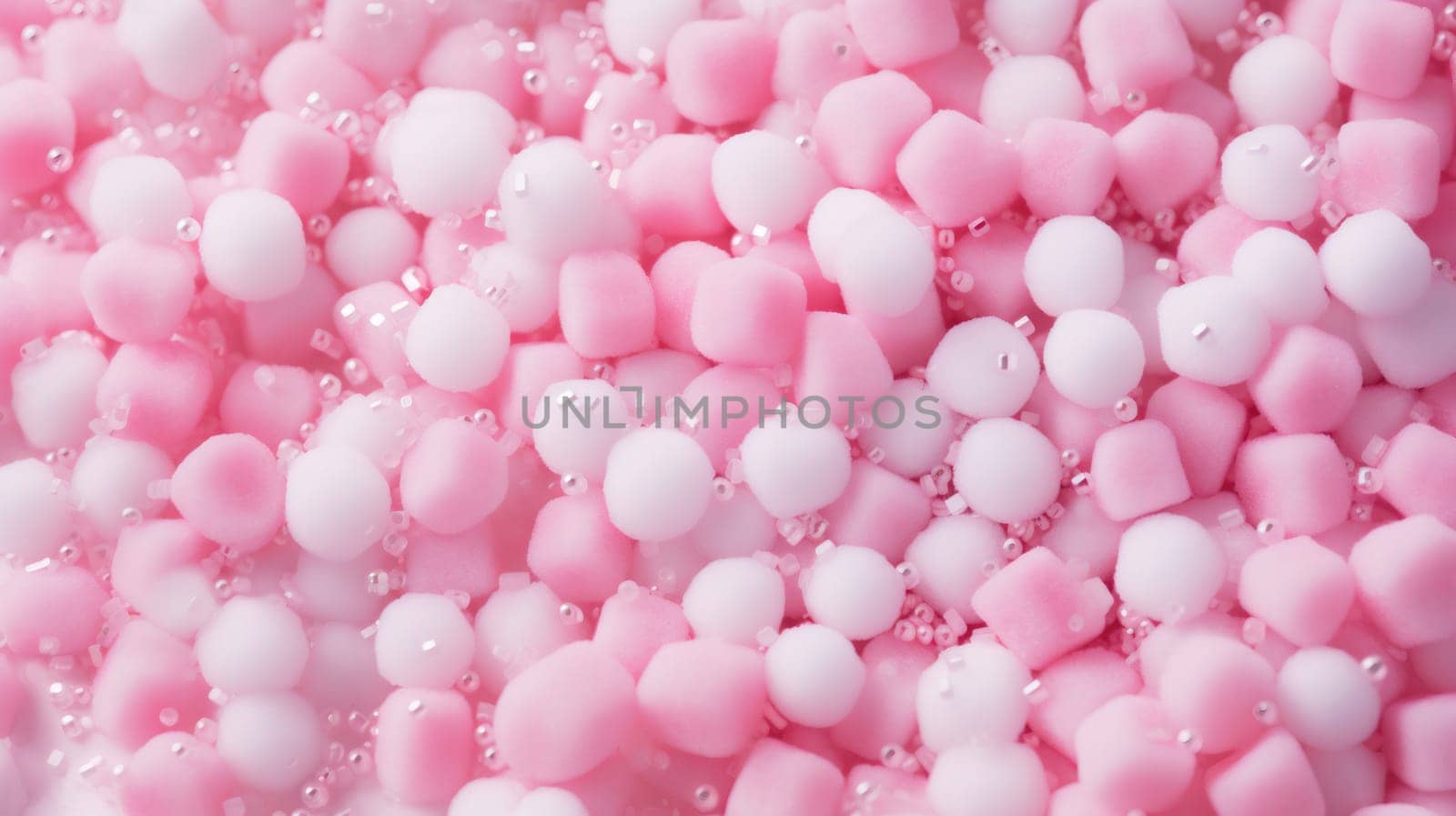 Beautiful background of gently pink small marshmallow candies with transparent balls of candy sprinkles, flat lay close-up.