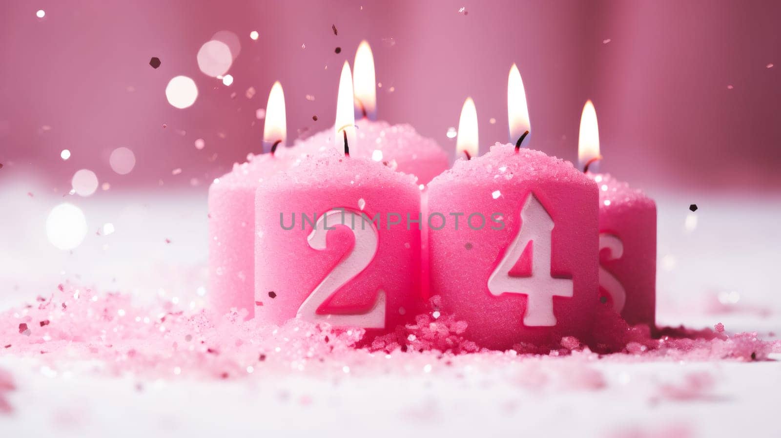 Five soft pink burning candles with white numbers 24 stand in the snow against a background of blurry bokeh and falling confetti, close-up side view.