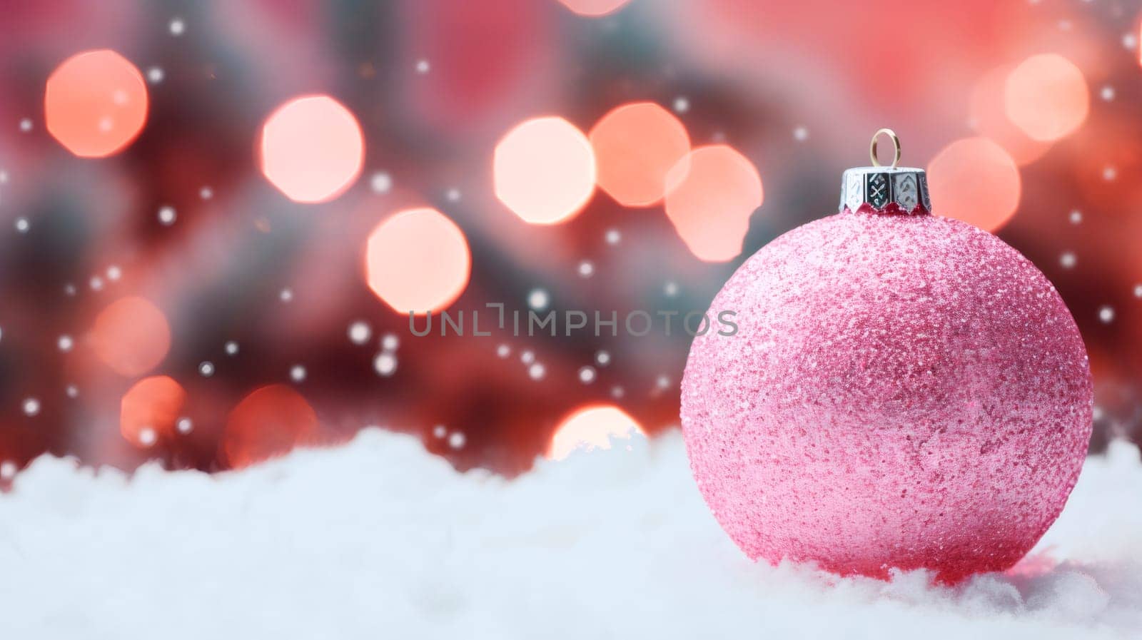 One beautiful soft pink Christmas tree ball lies on the spruce snow with copy space on the left against a background of blurred bokeh, close-up side view.