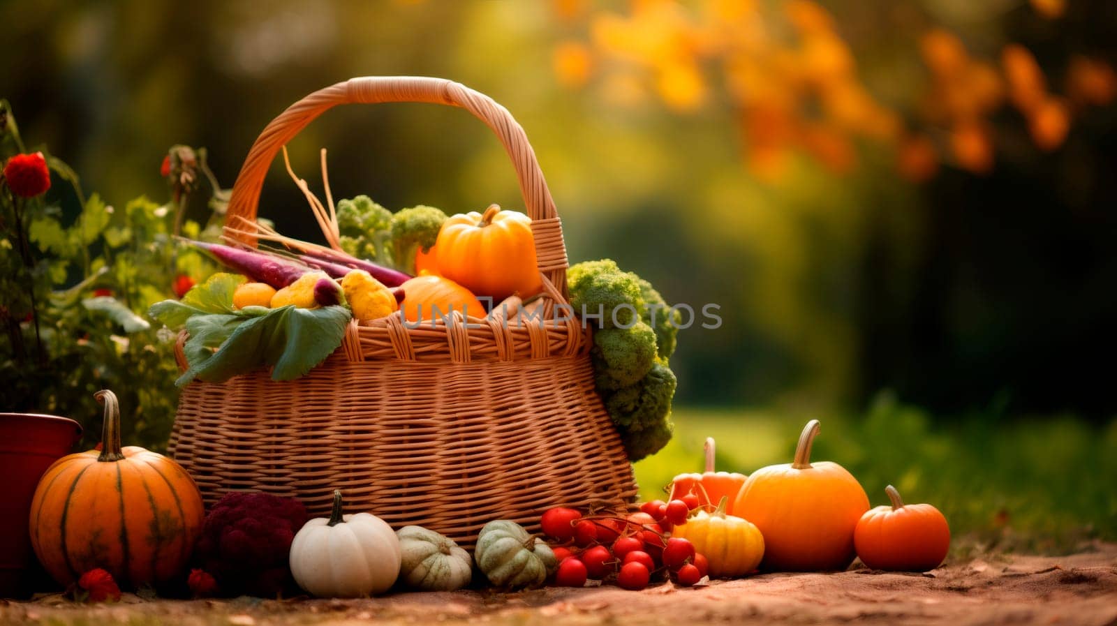 One wicker basket with a variety of autumn seasonal vegetables stands on a wooden table against a background of blurred colorful nature, side view close-up.