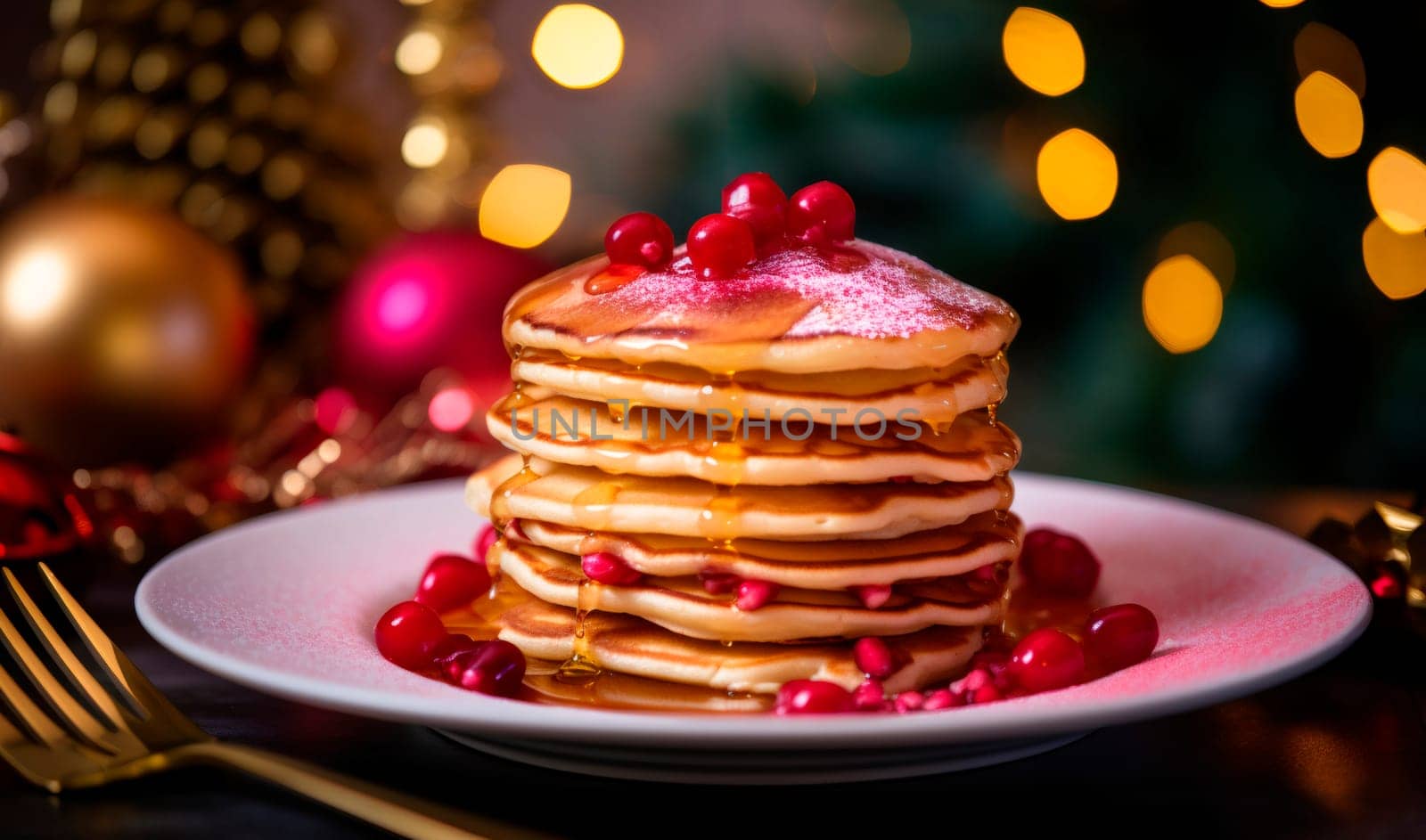 Delicious fresh pancakes with honey and currants in a plate with Christmas decoration stands on a dark table against a background of blurry bokeh lights, close-up side view.