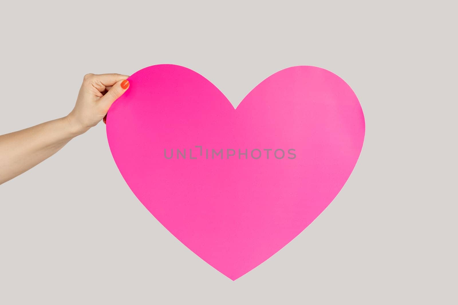 I love you. Closeup of woman hand showing big pink paper heart symbol of love and devotion. Indoor studio shot isolated on gray background.