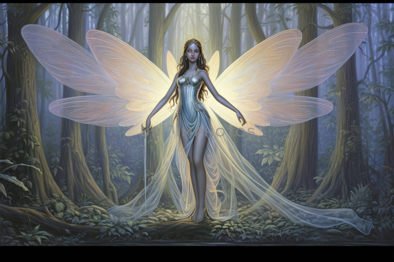 In a mystical realm filled with enchantment and wonder, luminescent fairies gracefully dance through the air, their iridescent wings shimmering with a kaleidoscope of colors.