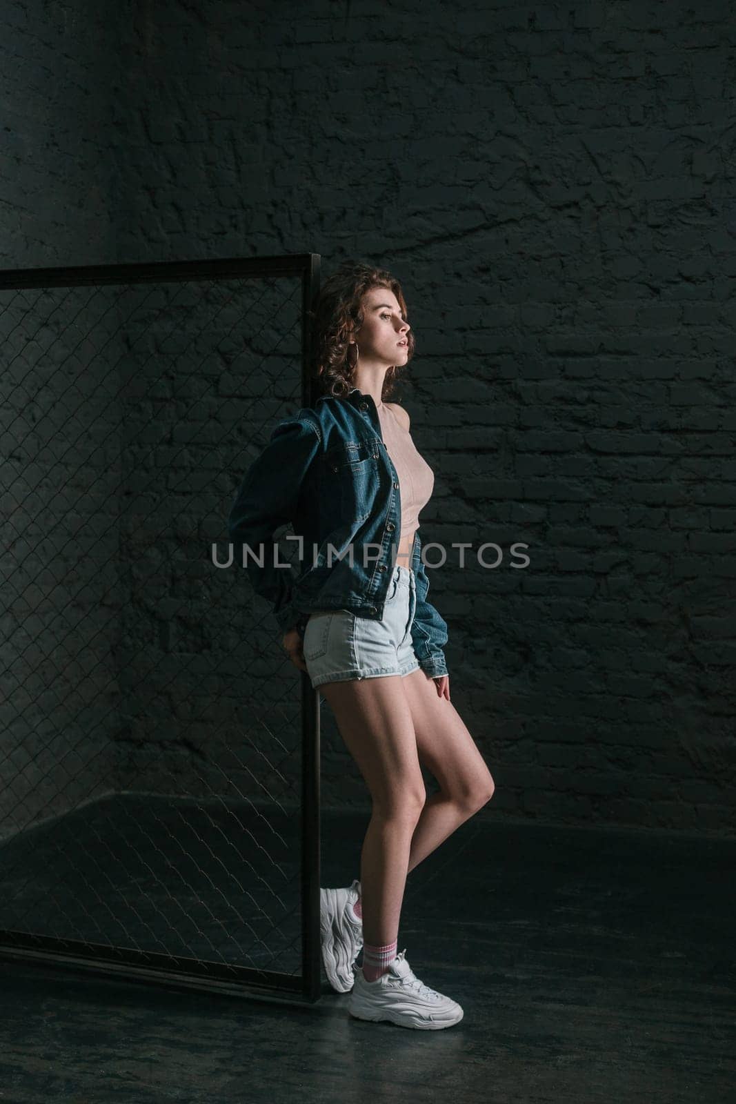 Full length profile portrait of beautiful young adult woman with wavy hair standing near fence on dark brick wall background, looking away with serious expression. Indoor studio shot.