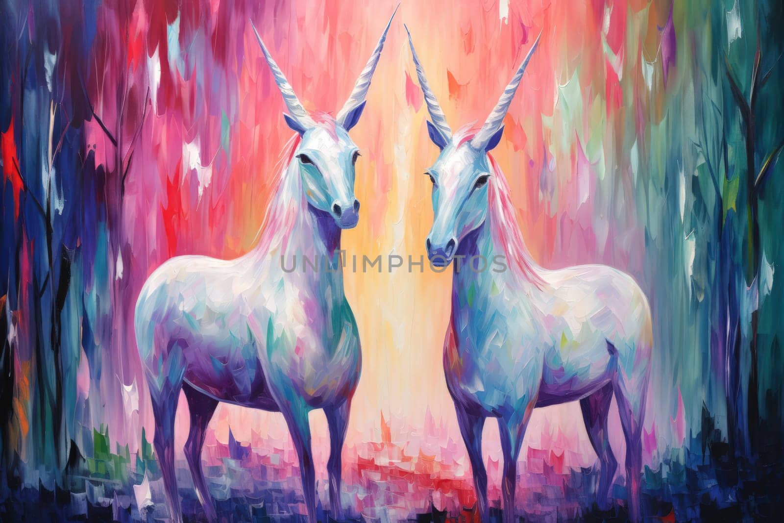 Majestic unicorns with shimmering silver horns - Generative AI by Sidewaypics