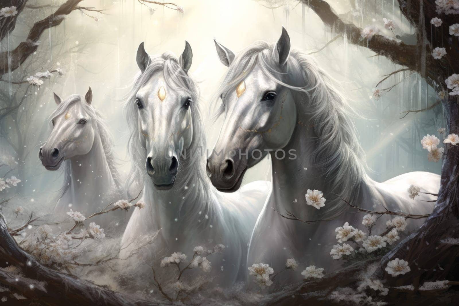 Majestic unicorns with shimmering silver horns - Generative AI by Sidewaypics