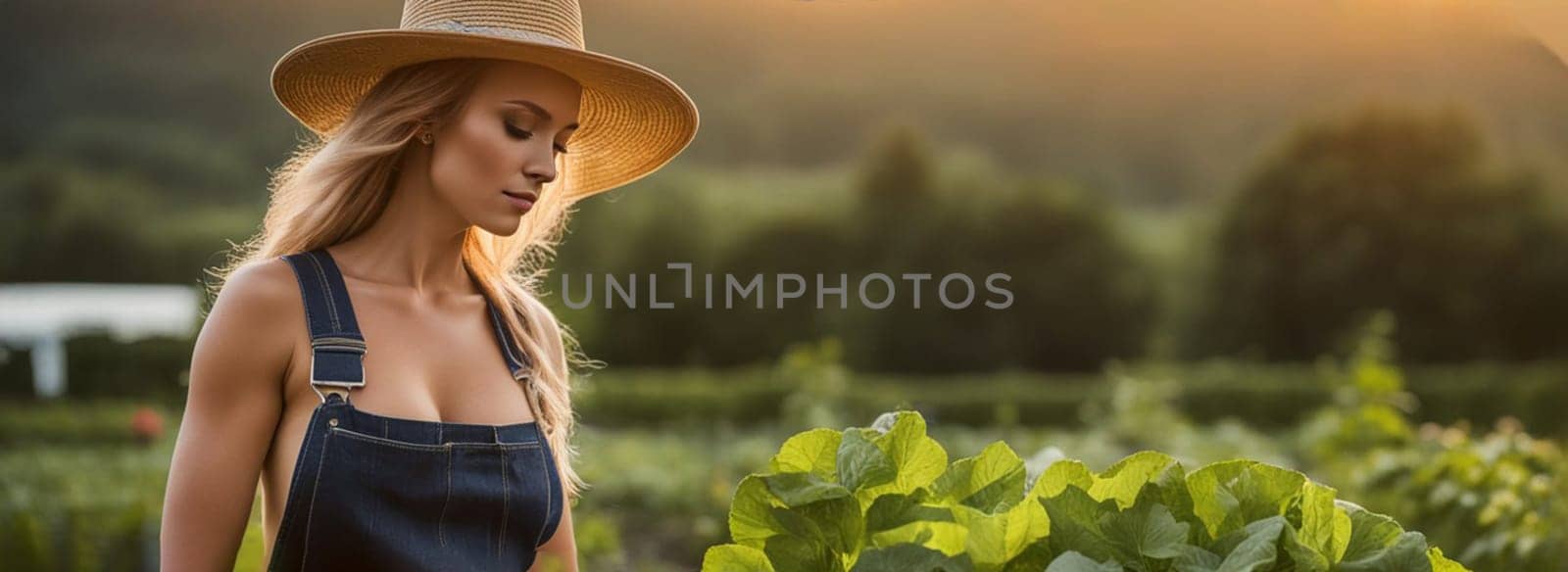 young adult woman farmer working in organic vegetable garden in the morning of sunny day by verbano