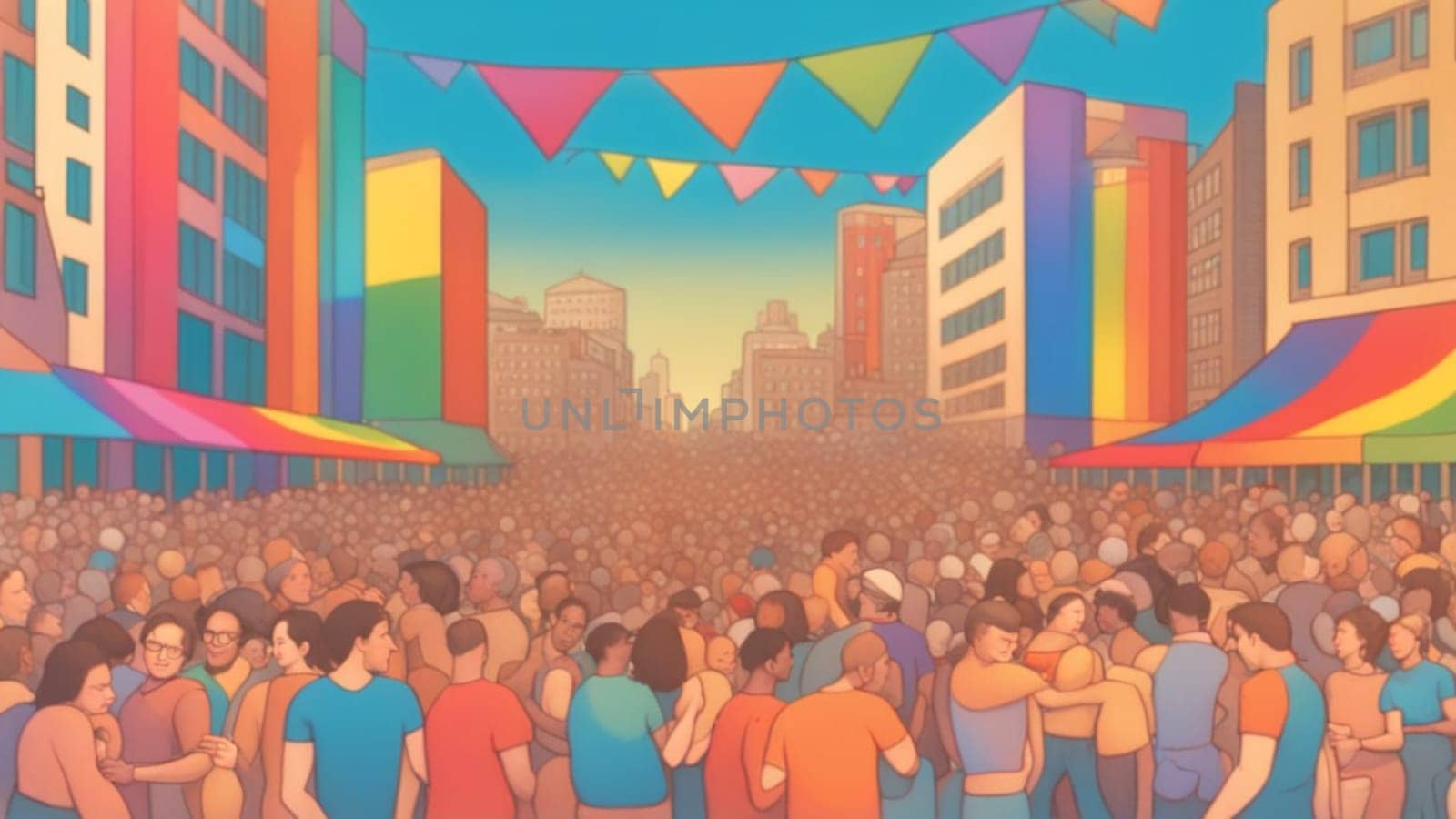 crowded lgbt community and activists celebrate gay pride parade, rainbow colours, big city ai genrative art illustration