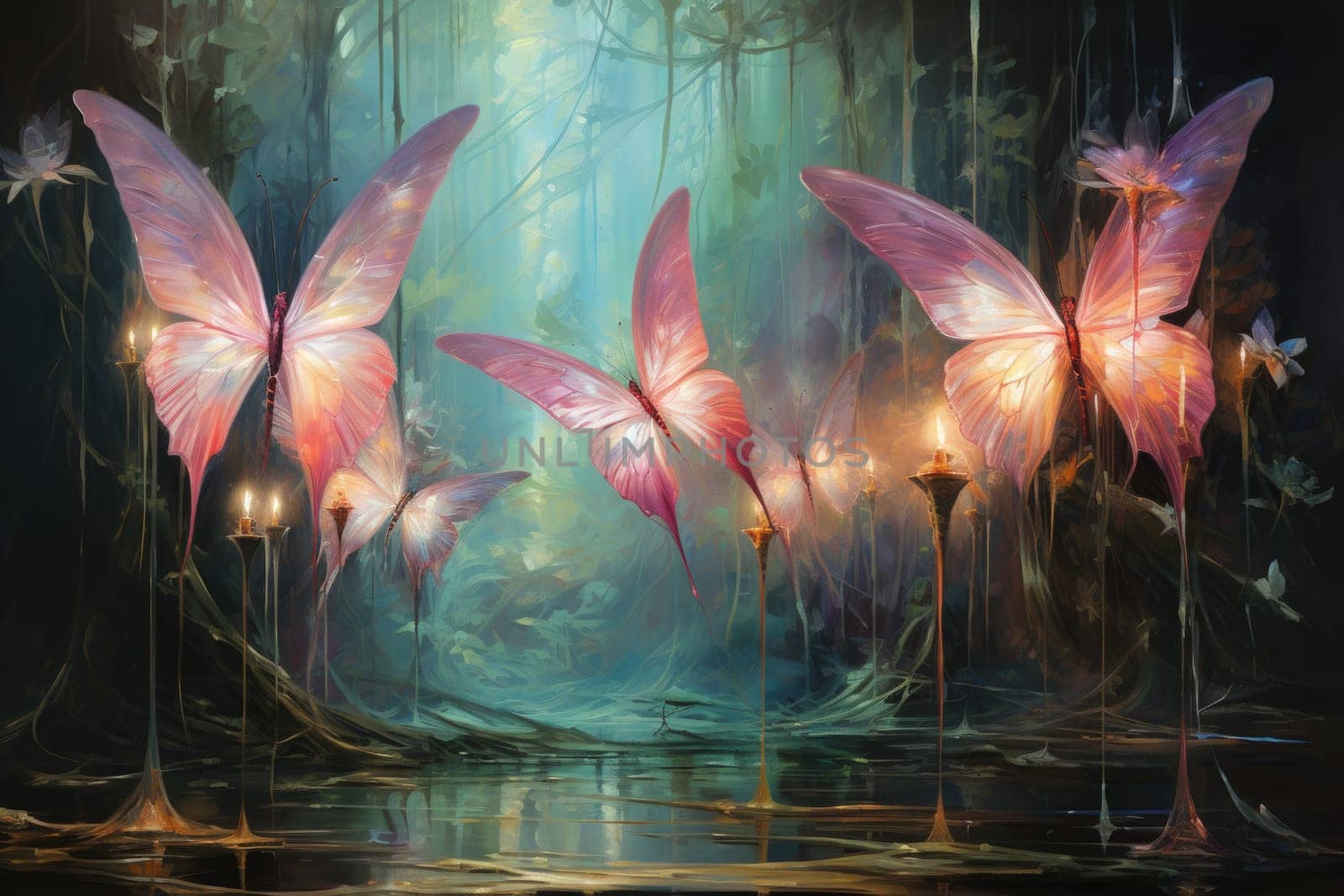 In a mystical realm filled with enchantment and wonder, luminescent fairies gracefully dance through the air, their iridescent wings shimmering with a kaleidoscope of colors.