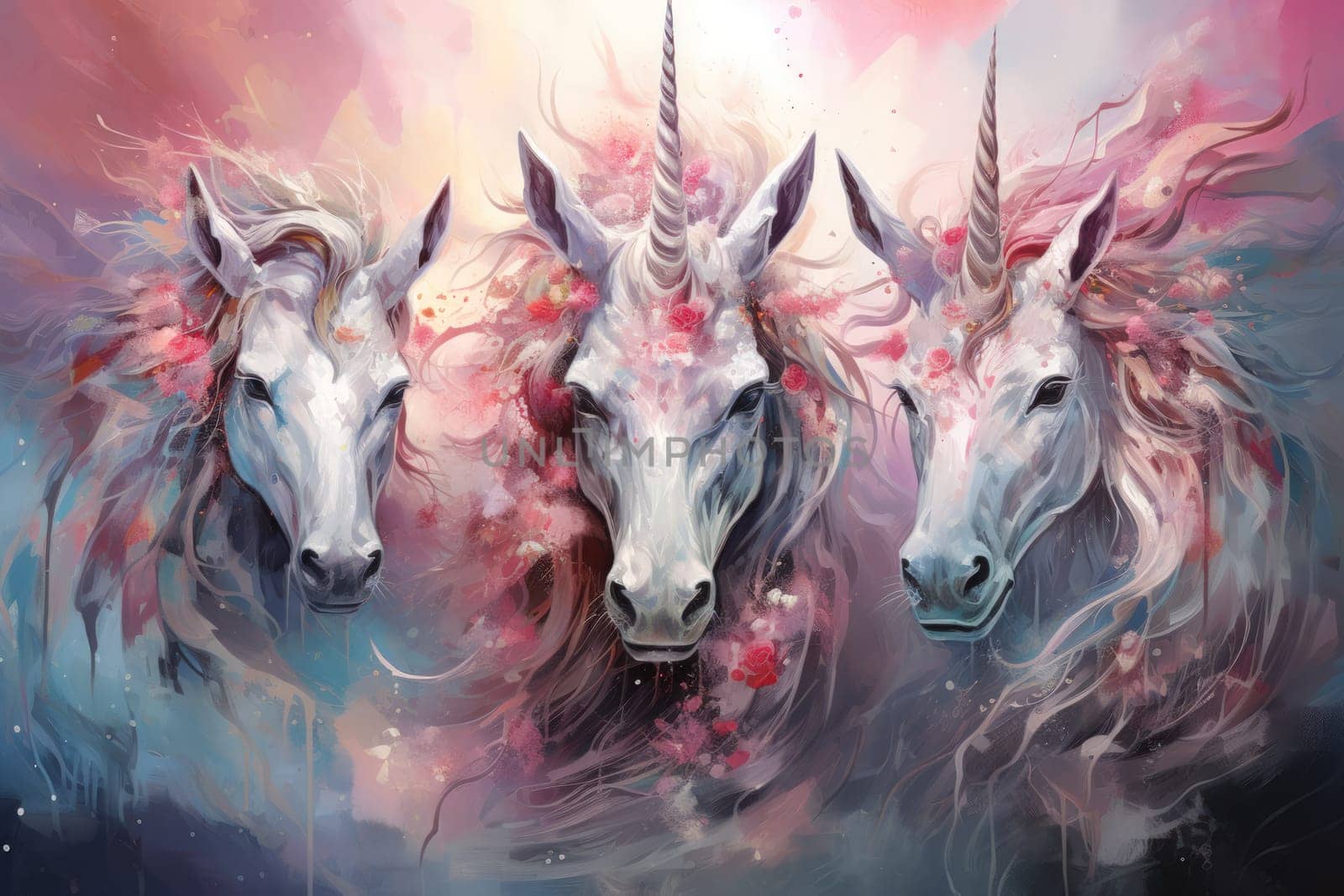 Majestic unicorns with shimmering silver horns - Generative AI by Sidewaypics