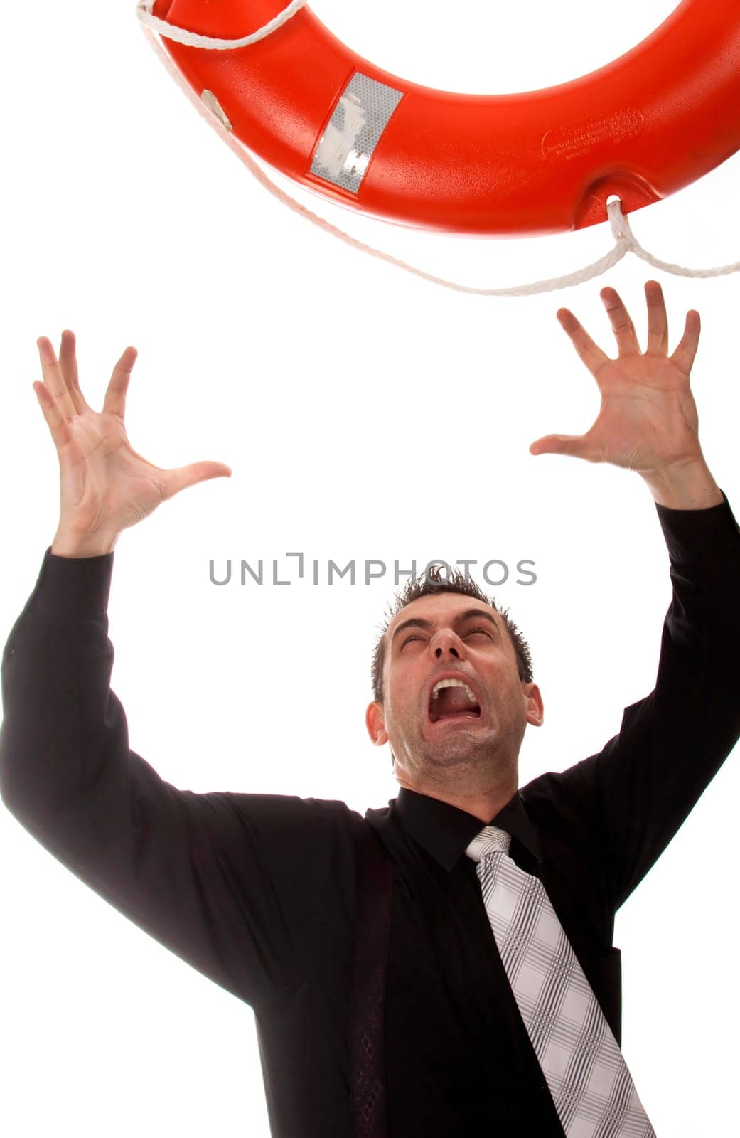 Funny businessman reaching for lifebuoy