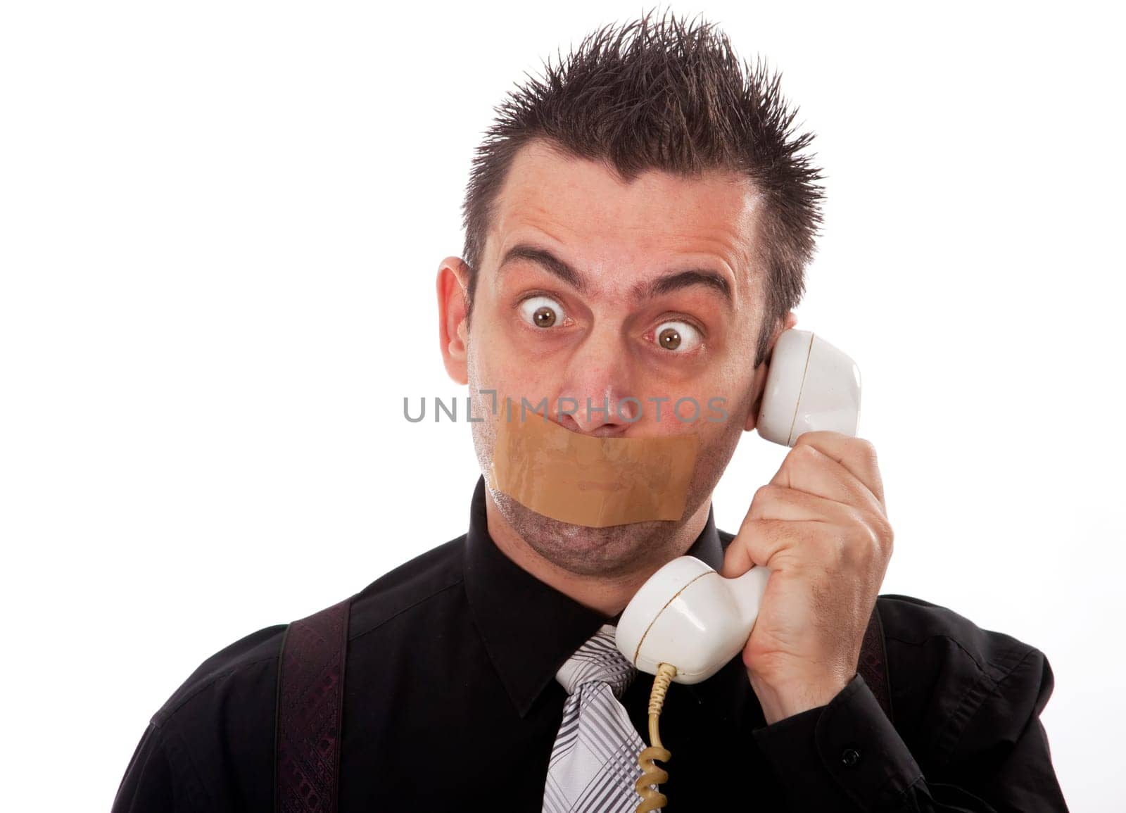 Funny businessman with tape on his mouth