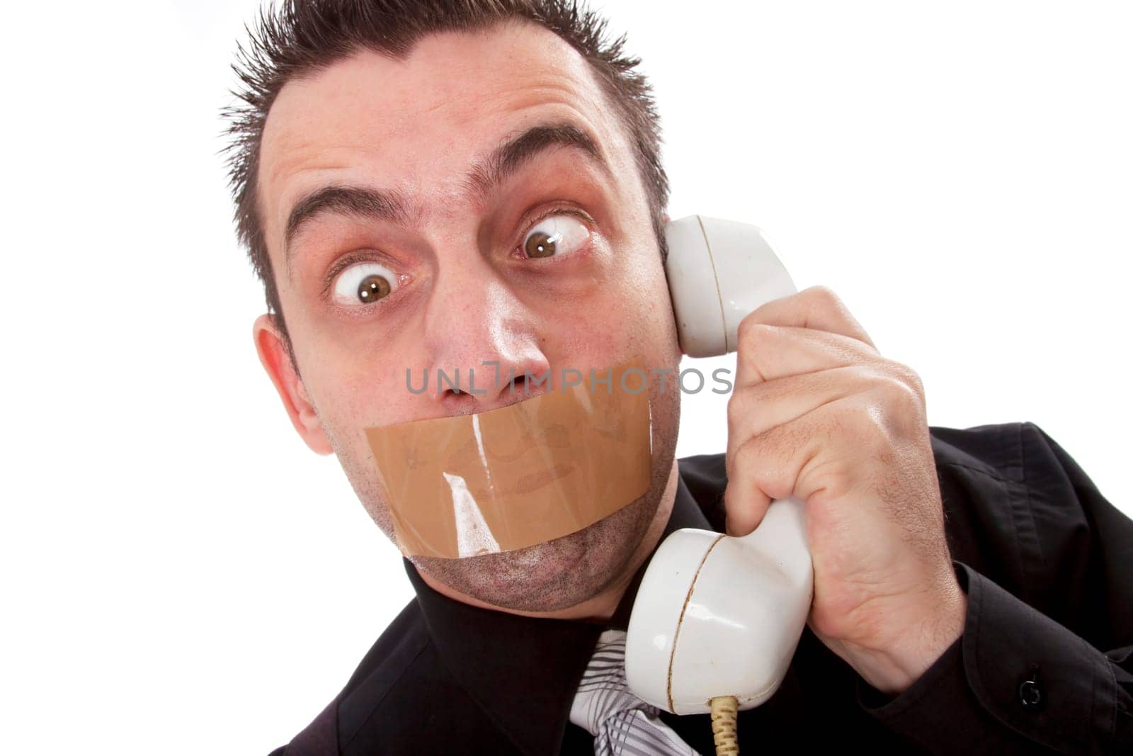 Funny businessman with tape on his mouth