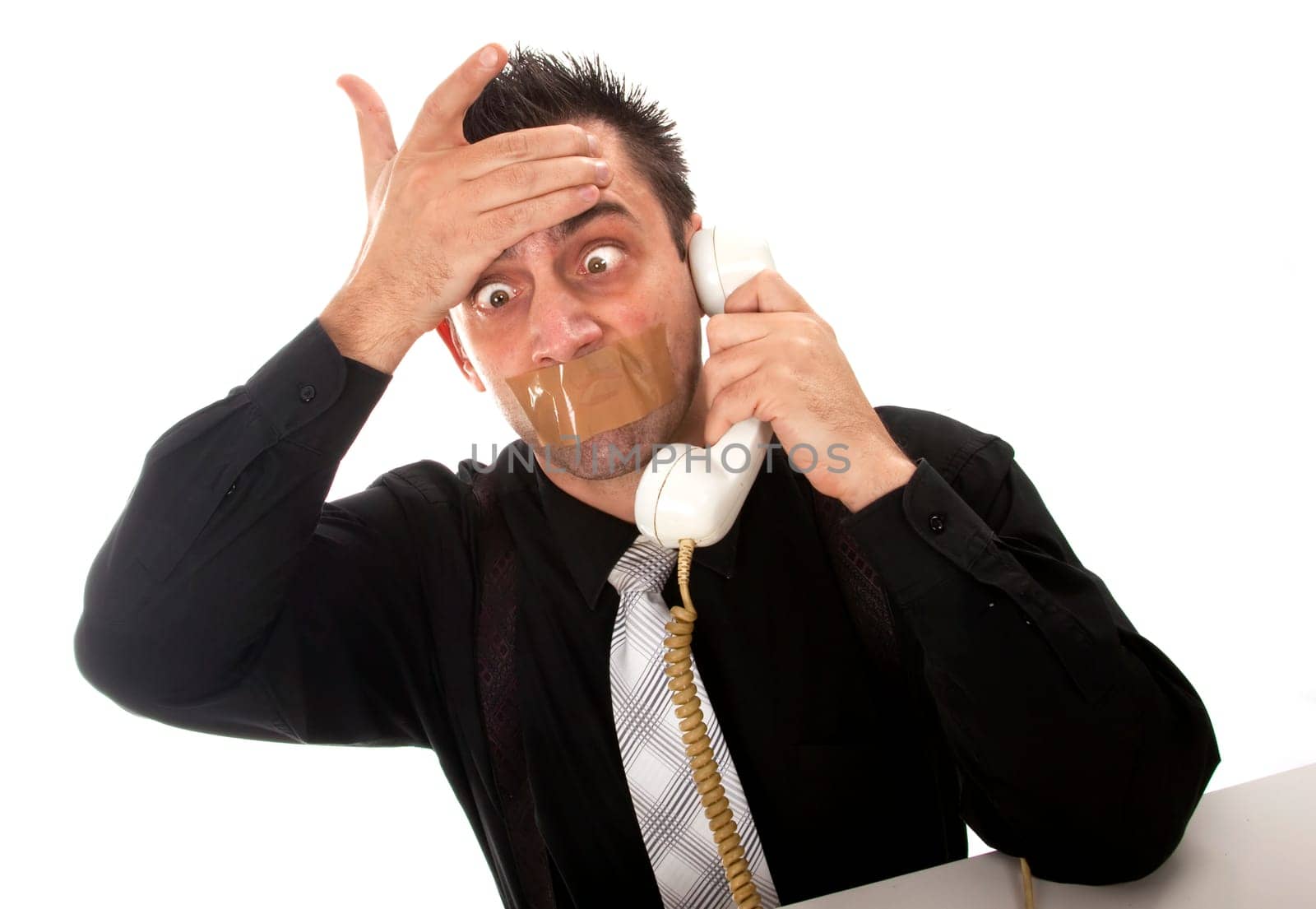 Funny businessman with tape on his mouth