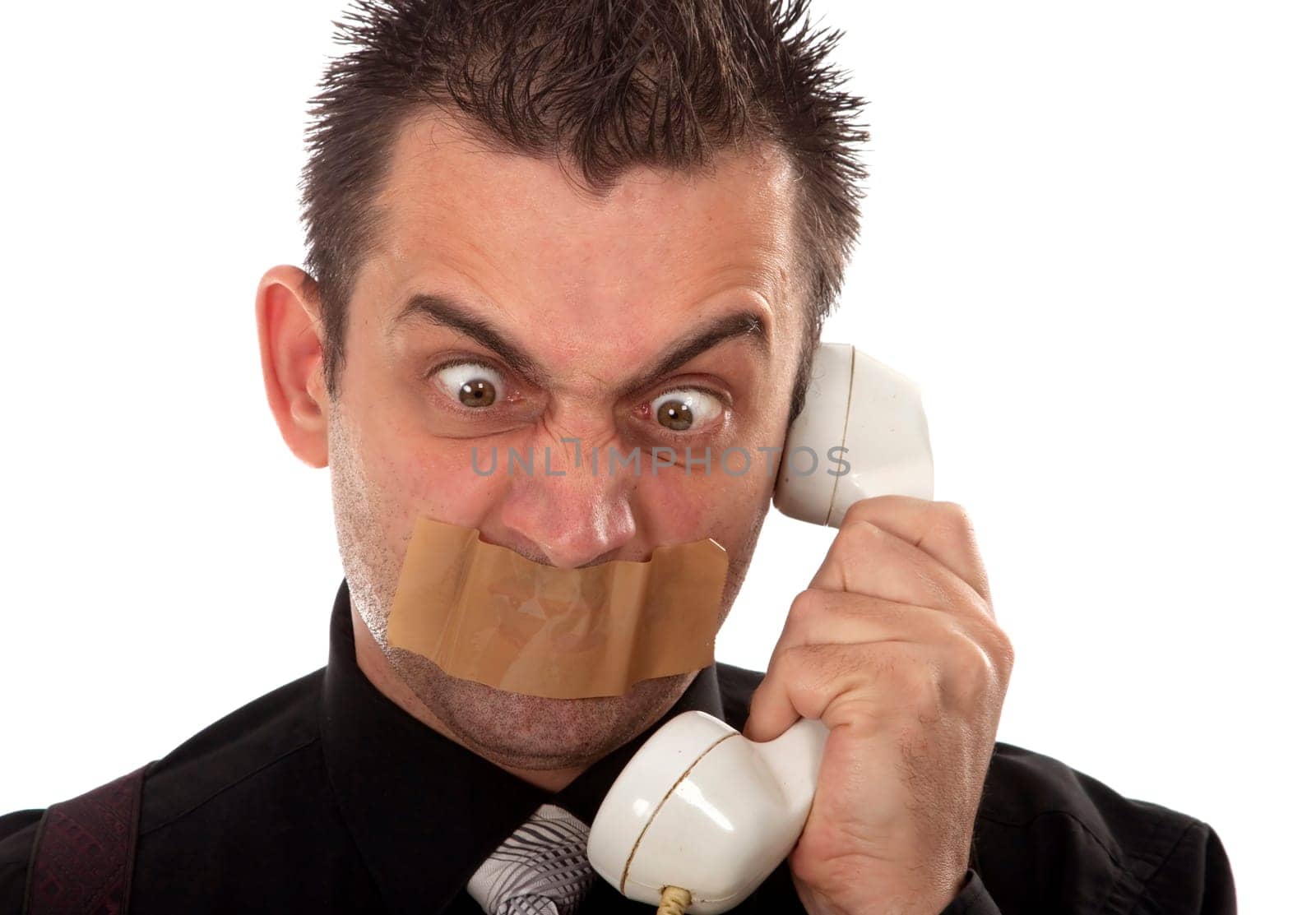 Funny businessman with tape on his mouth