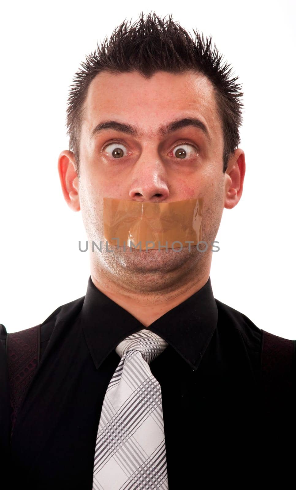Funny businessman with tape on his mouth
