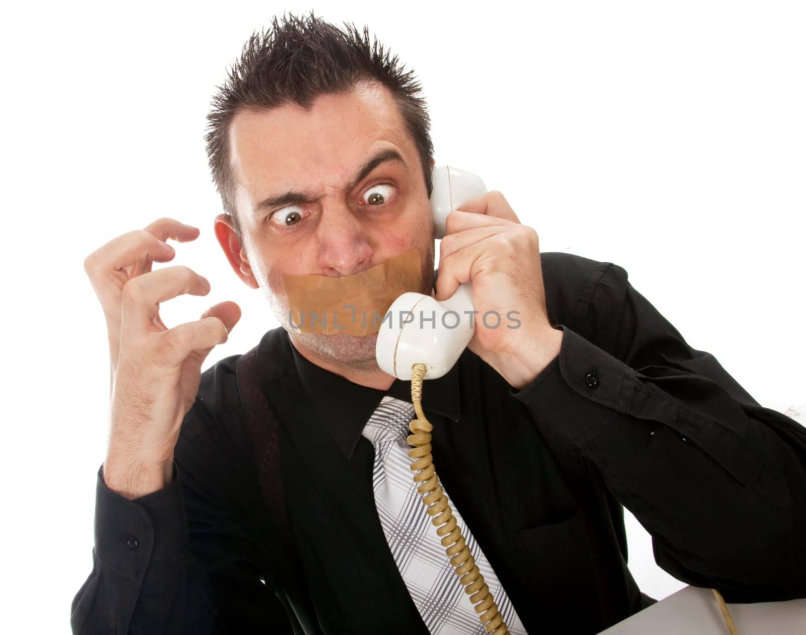 Funny businessman with tape on his mouth