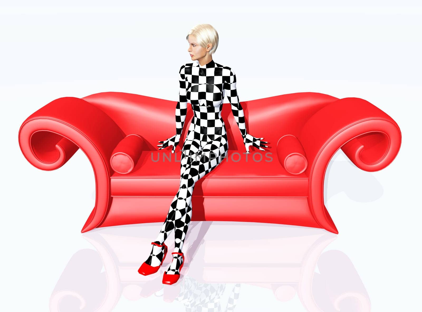 Woman on red couch