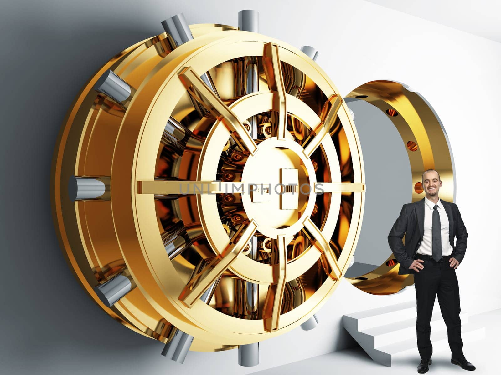 businessman and bank golden vault door 3d