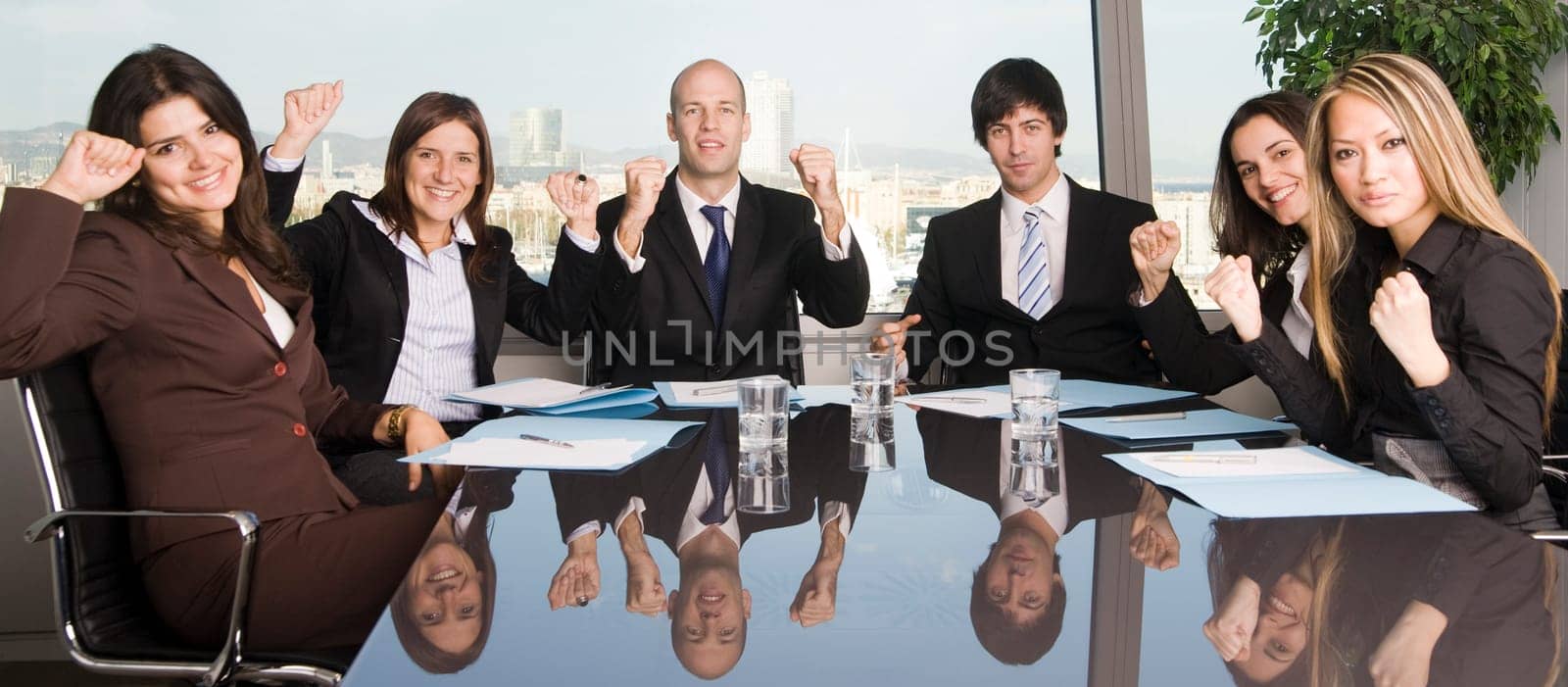 Six businessmen cheering