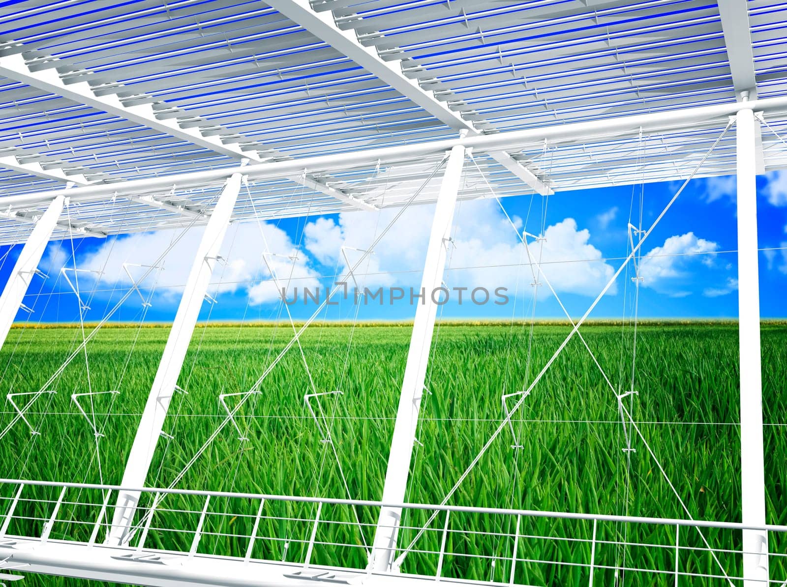 green grass field and blue cloudy sky modern eco building 3d