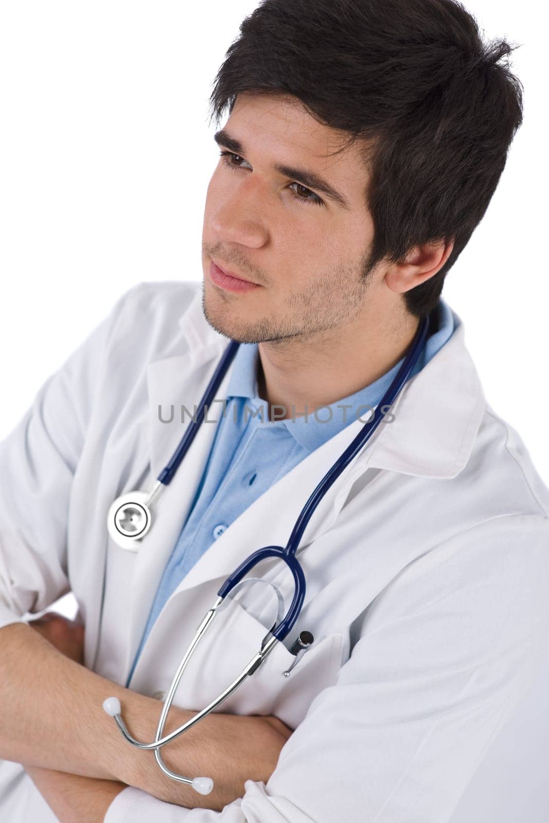 Male student doctor with stethoscope arms crossed