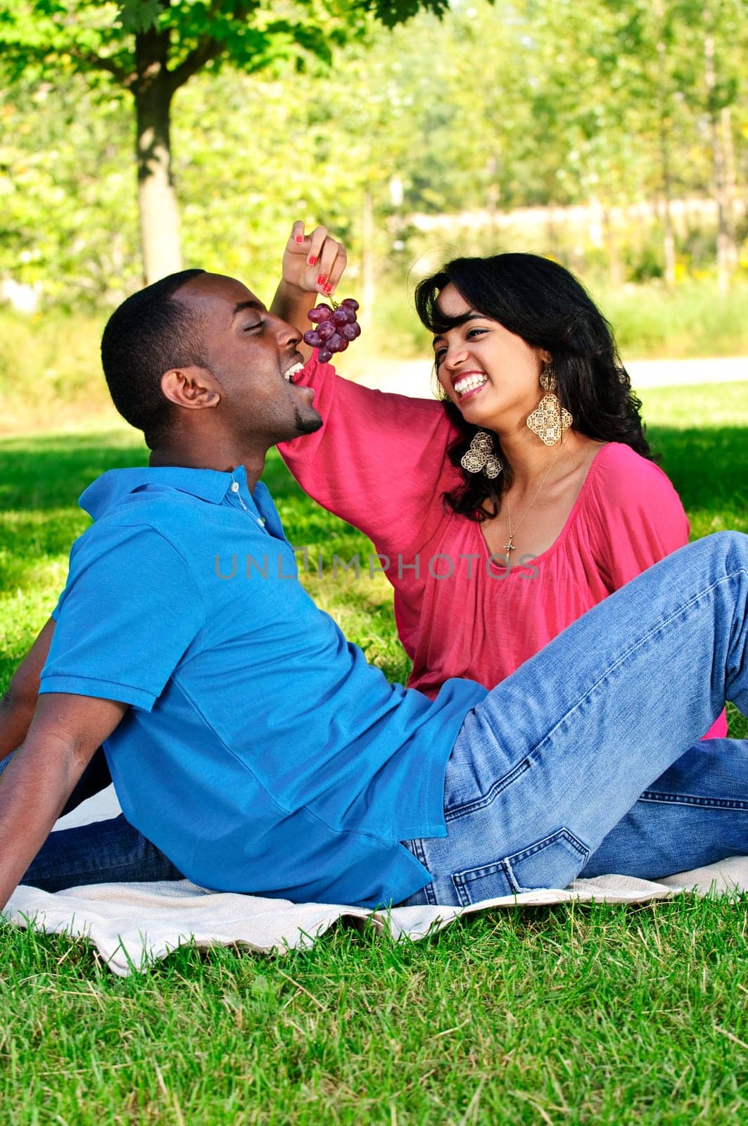 Happy couple having picnic in park