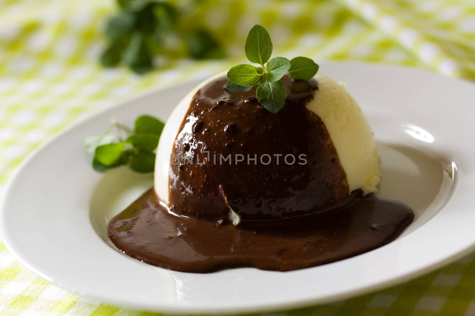 Vanilla pudding with chocolate sauce
