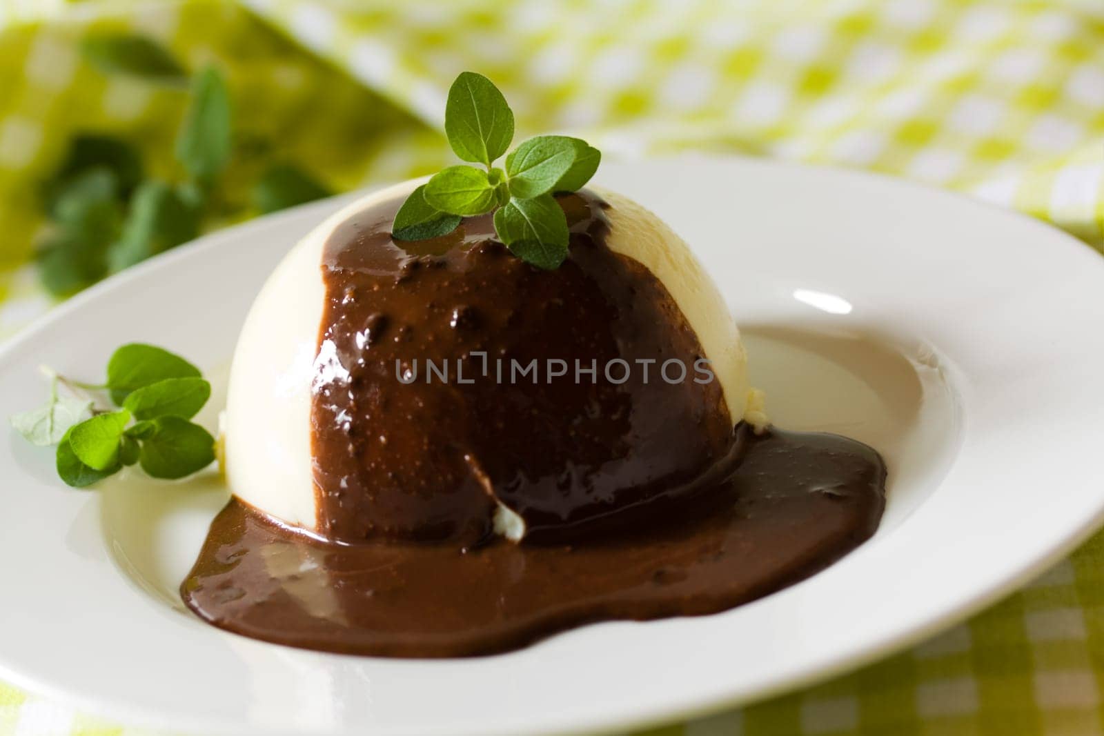 Vanilla pudding with chocolate sauce