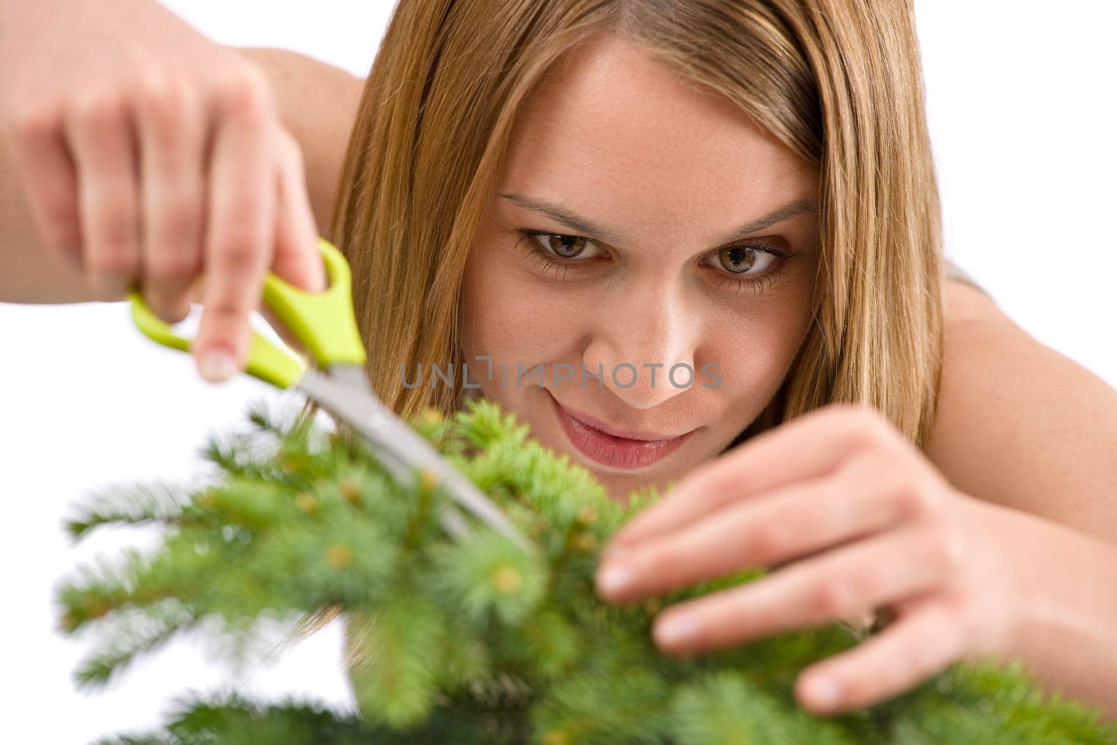 Gardening - woman trimming spruce tree, focus on scissors