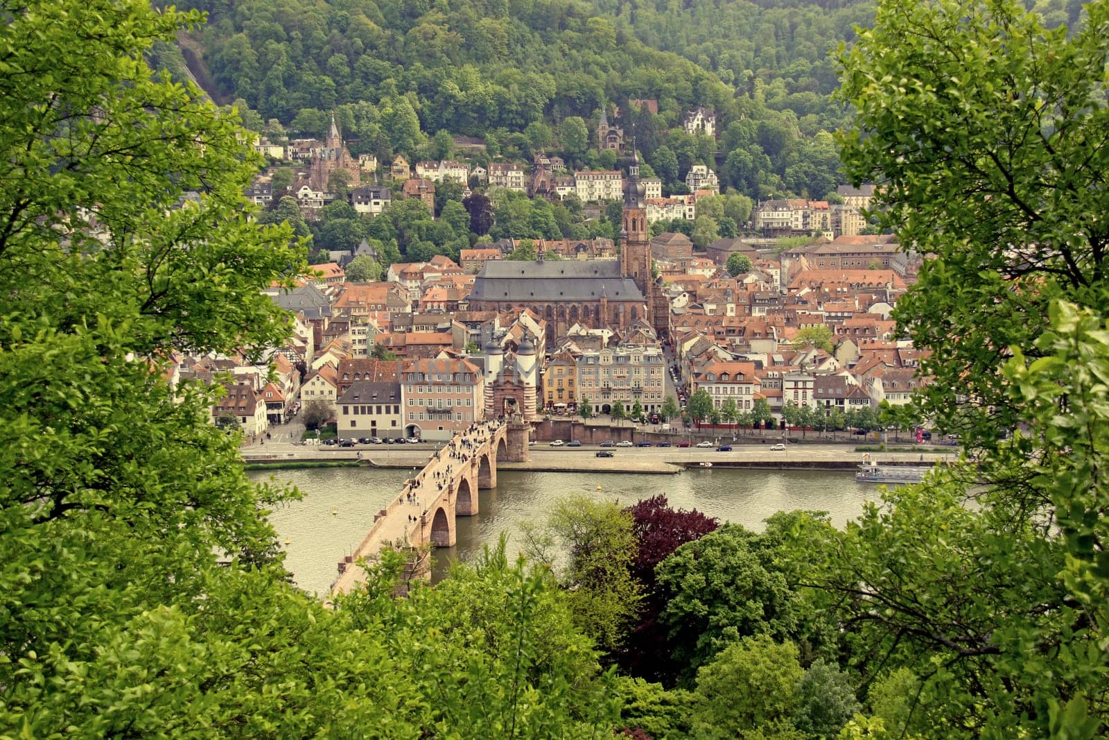 View of the "Old Bridge"" and the Church of the Holy Spirit in Heidelberg"