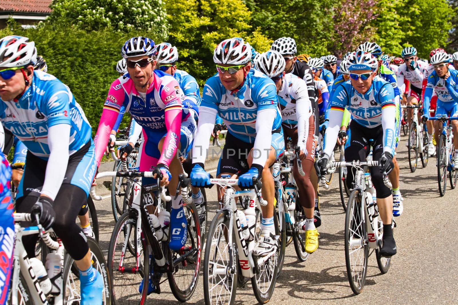 Competitors and following teams in the Giro dItalia passing by on a polderroad i