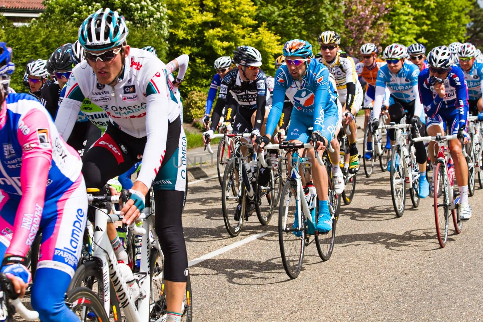 Competitors and following teams in the Giro dItalia passing by on a polderroad i