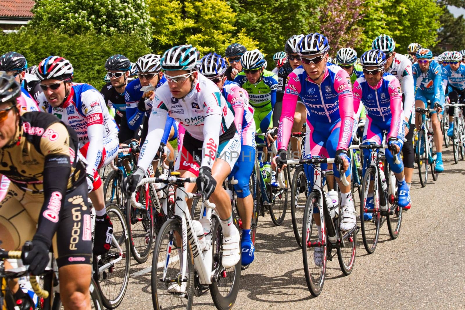 Competitors and following teams in the Giro dItalia passing by on a polderroad i
