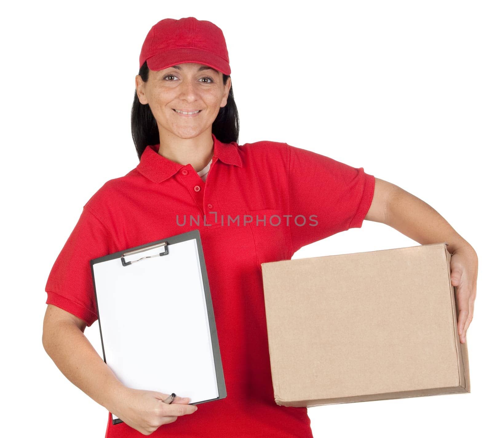 Beautiful dealer with box and clipboard