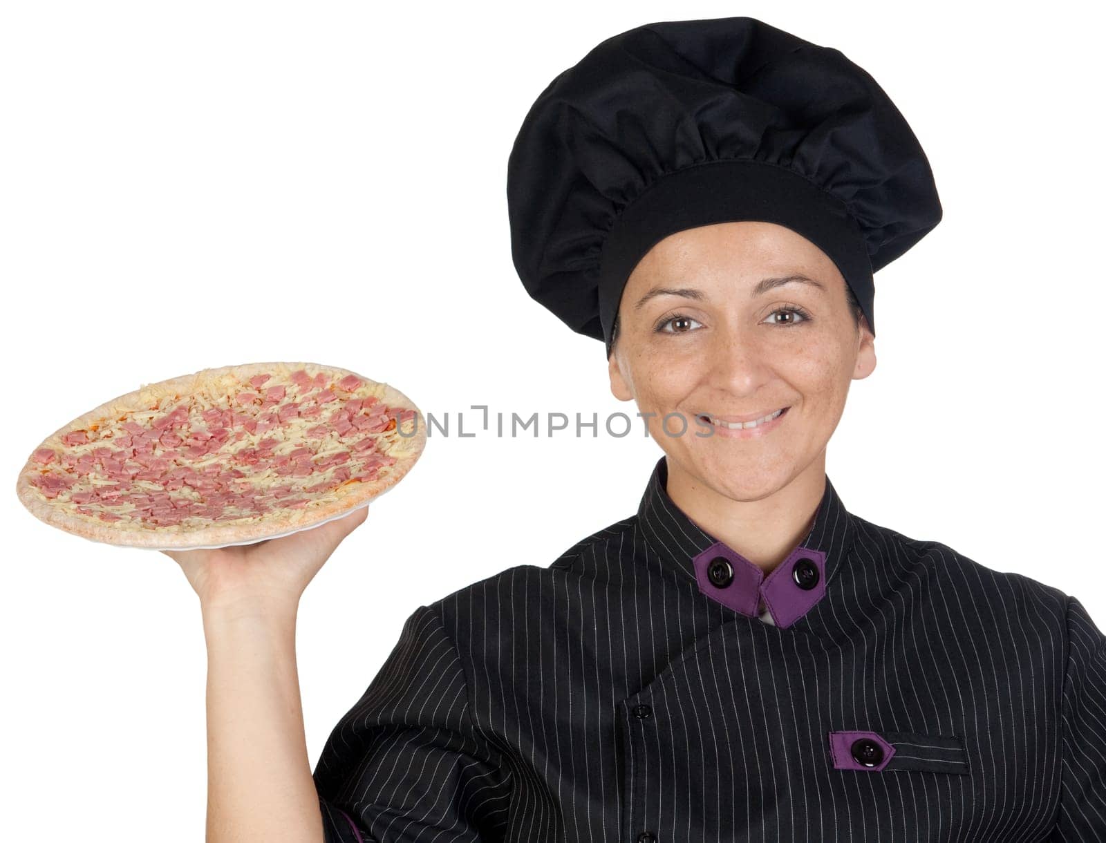 Pretty cook woman with ham pizza