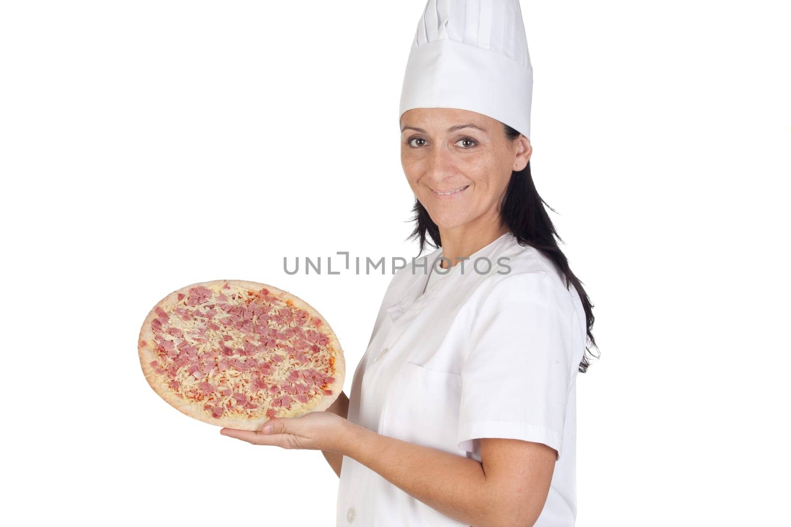 Pretty cook girl with a delicious pizza