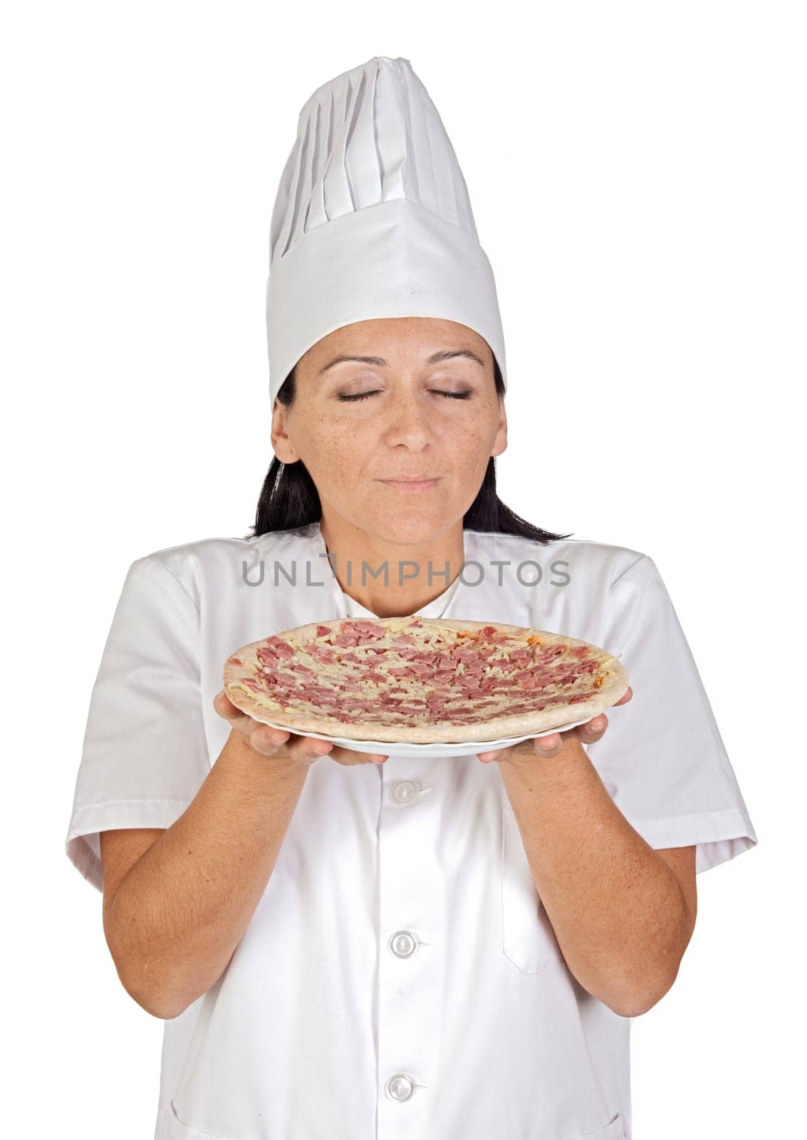Pretty cook girl with a delicious pizza