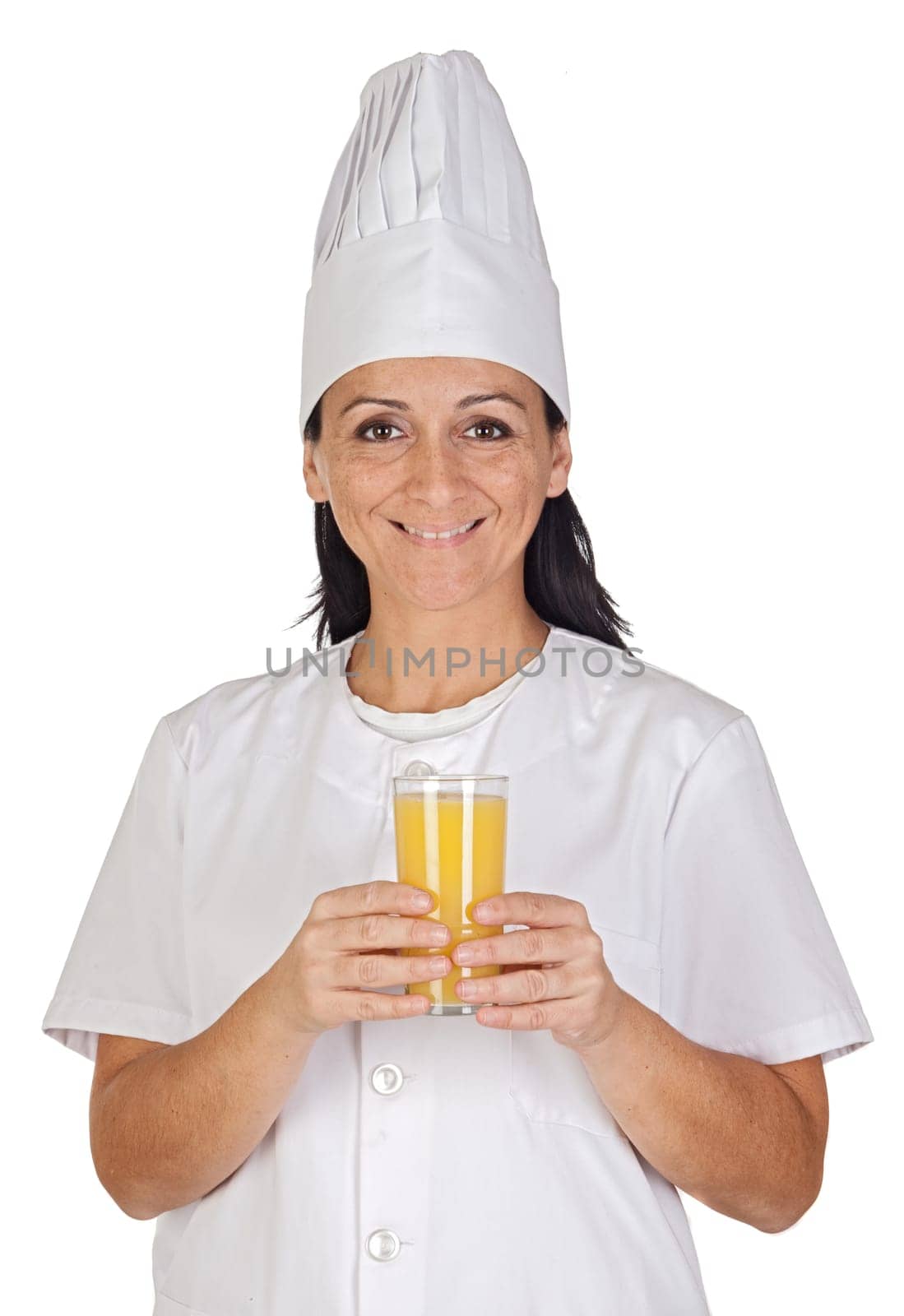 Pretty cook girl with a glass of orange