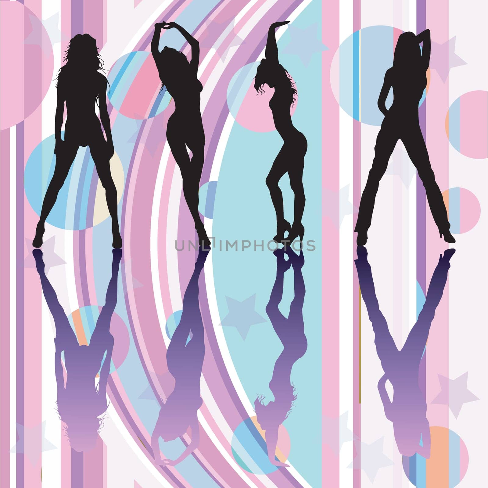 Dancing girls silhouettes on discoteque atmosphere