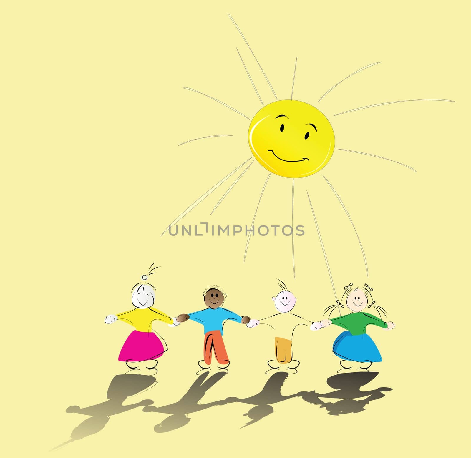multiracial kids holding their hands and smiling sun