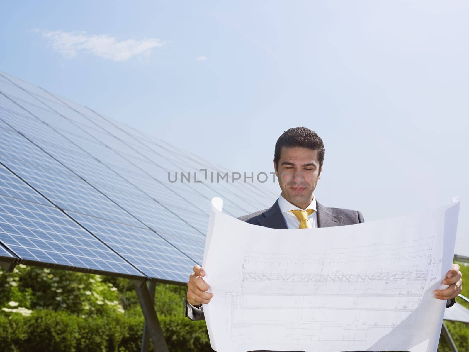 businessman and solar panels