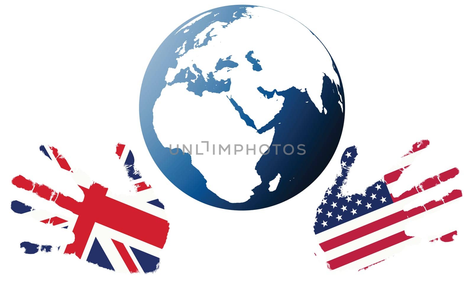 Earth globe with stylized flags of US and UK